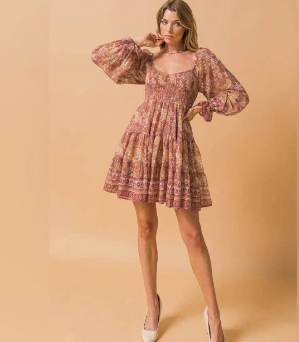 Flying Tomato Sheer Boho Mini Dress Womens L Tan Gold Long Sleeve NWT